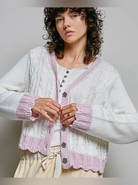 🆕 POL Cable Knit Cardigan White Pink Trim. NWT. Var sizes